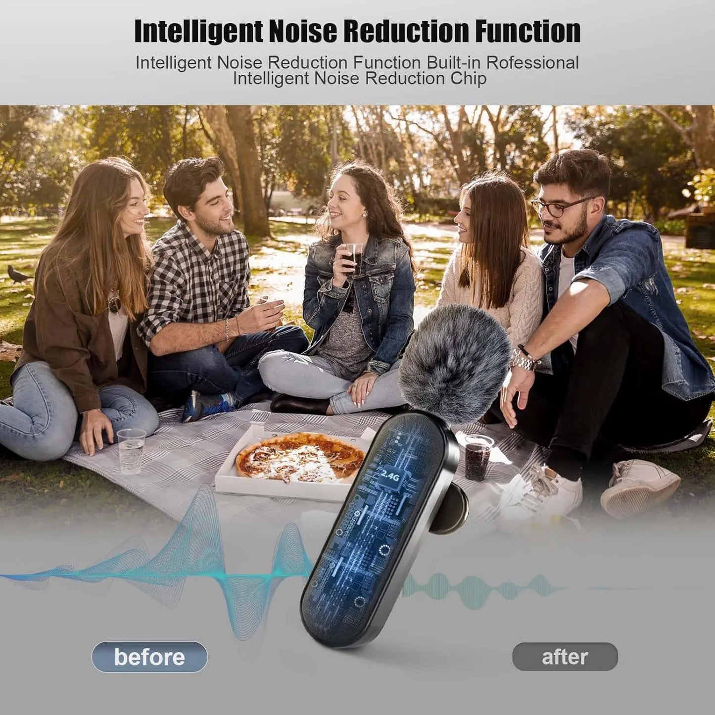 Professional Wireless Lavalier Microphone with Intelligent Noise Cancelling, Noise Cancelling Mics, Plug & Play for Iphone and Android Smartphones, Rechargeable Lapel Mic for Video Recording, Teaching, Interviews and Podcasts